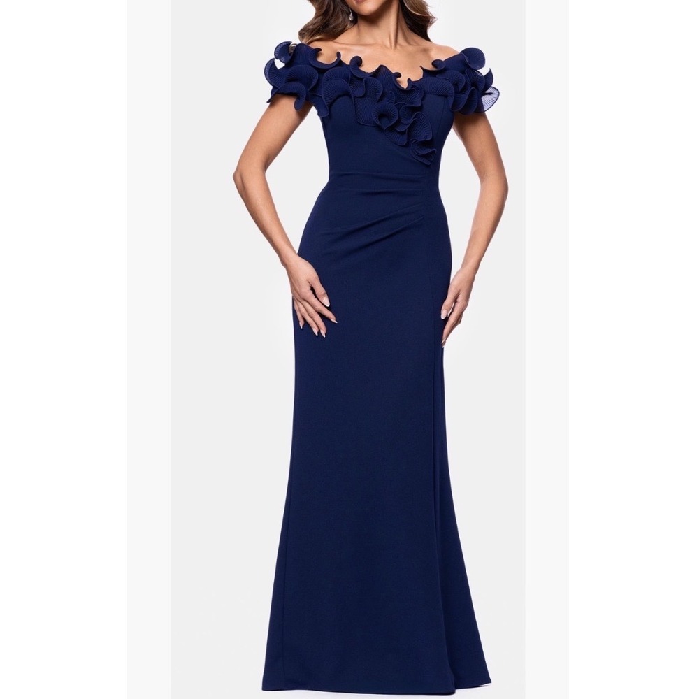 Xscape Evenings Navy Blue Ruffled Off the Shoulder Gown Dress New!